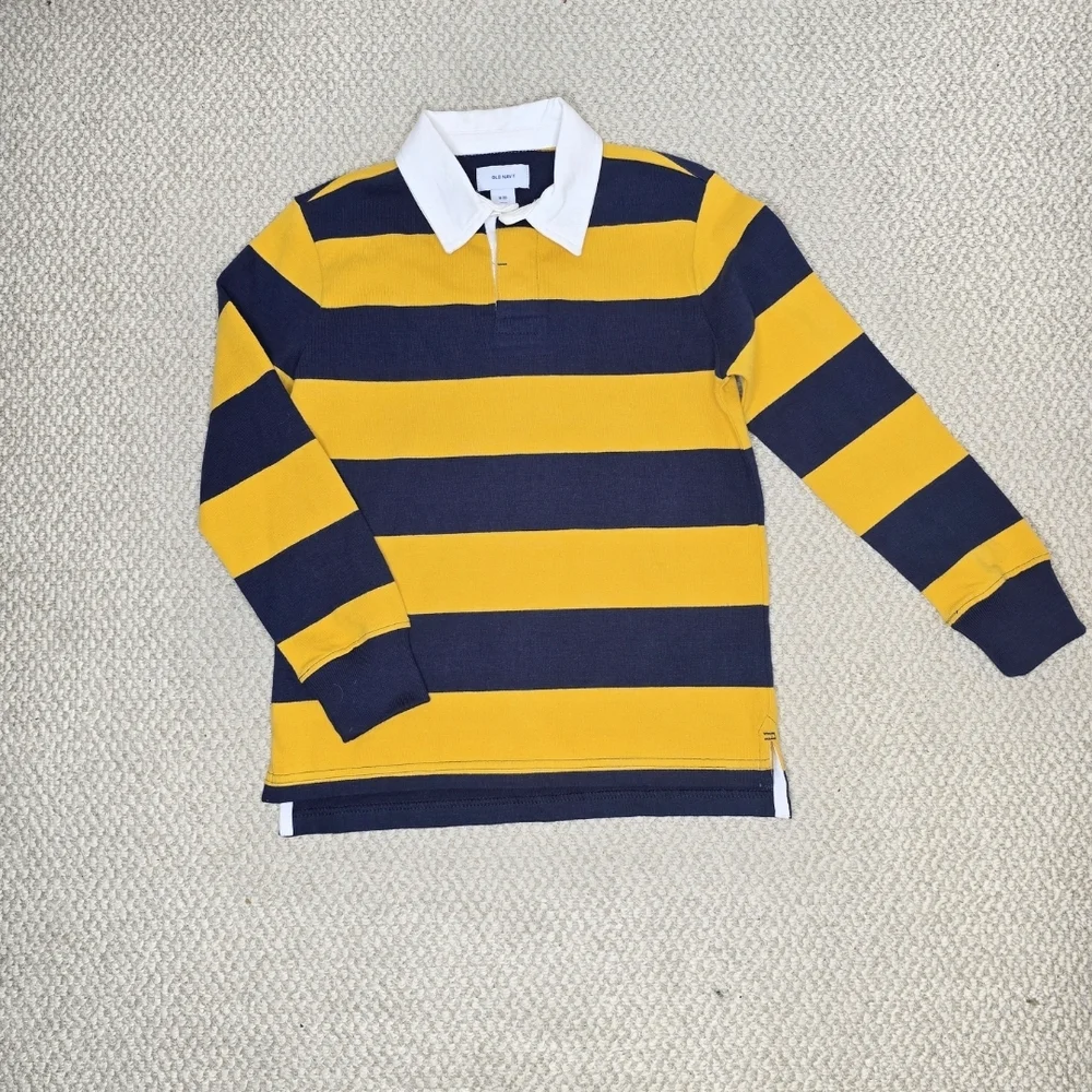 Old Navy Yellow and Navy Striped Polo Rugby Shirt Size 8